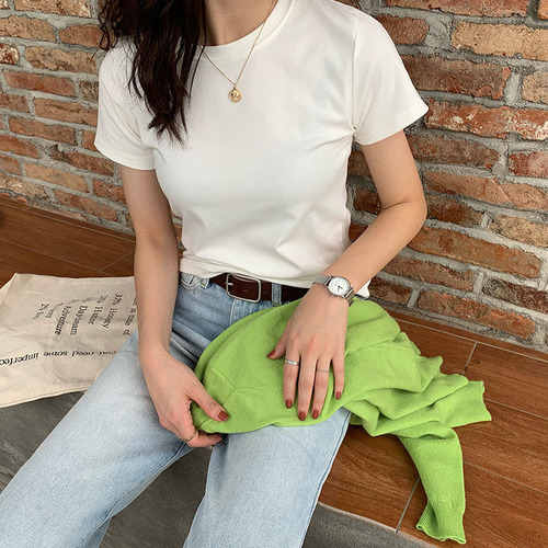 Summer short-sleeved T-shirt for women  new Korean version ins student versatile age-reducing candy color simple round neck top trendy