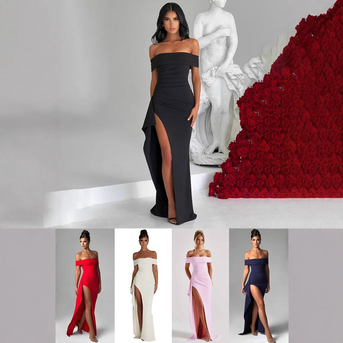 Cross-Border European and American Foreign Trade Women's Clothing 2024 Spring Sexy One-Shoulder Elegant Party Dress with Slit
