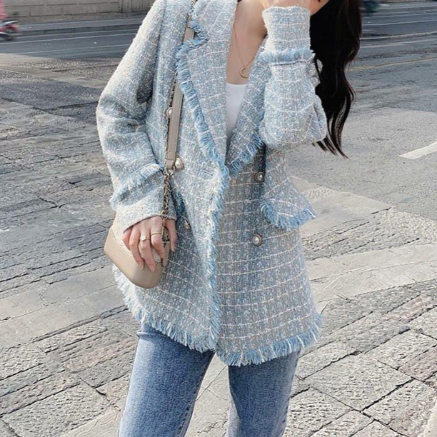 French-Style Blue Lapel Chanel-Inspired Blazer for Women, New Autumn Collection, Elegant Socialite Style, Petite Houndstooth Suit French-Style Blue Lapel Chanel-Inspired Blazer for Women, New Autumn Collection, Elegant Socialite Style, Petite Houndstooth Suit