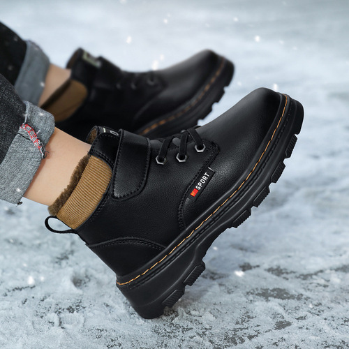 Children's Martin Boots with Fleece, Boys' Winter Student Black Cotton Leather Shoes, New Fall and Winter Boys' Leather Boots