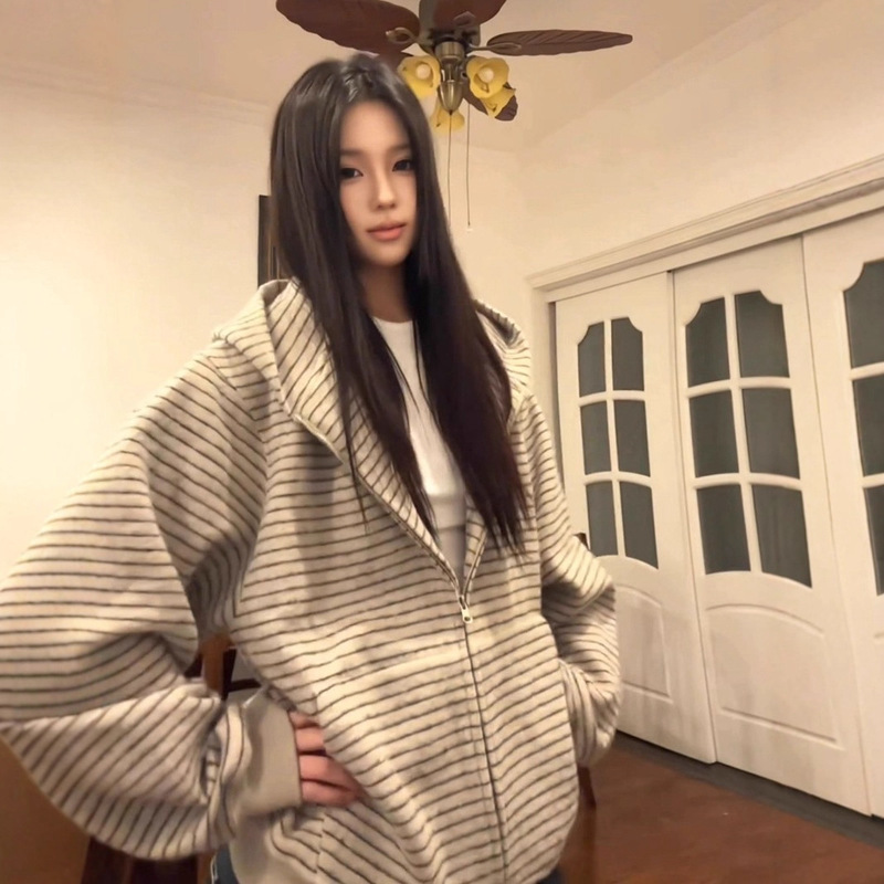 [400g Heavy Weight] Korean Style Lazy Stripesd Hooded Super Nice Casual Versatile Zipper Sweatshirt Cardigan Top