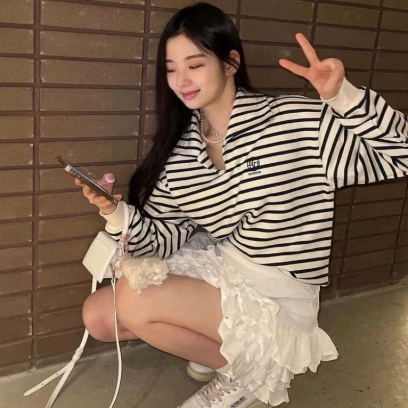 韩国小众潮牌RONRON条纹宽松卫衣裴珠泫同款休闲polo领上衣女秋冬|undefined