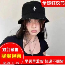 新款渔夫帽短檐盆帽子潮四季刺绣男女情侣十字水洗牛仔黑色架出游