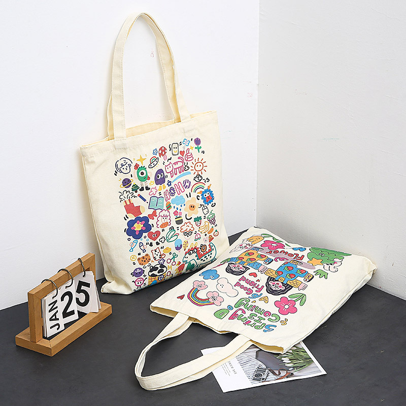 Canvas Material Women's Medium Canvas Cartoon Basic Classic Style Square Open Canvas Bag
