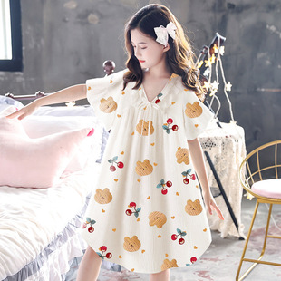 Children's Pajamas for Girls Summer Princess Trendy Internet Celebrity Medium and Large Kidsren's Cute Thin Short-Sleeved Pure Cotton Girls' Nightgown
