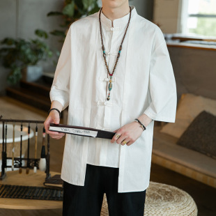 Fake Two-Piece Shirt Men's Summer Linen Short-Sleeved Top Chinese Style Tang Suit Jacket Three-Quarter Sleeve Half-Sleeved Cotton and Linen Shirt