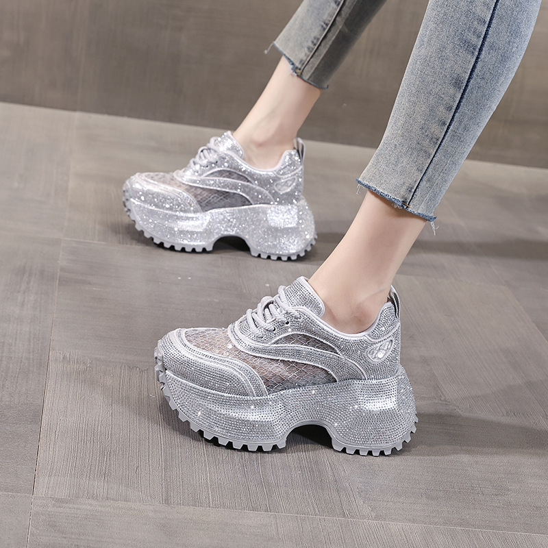 Giày sneaker nữ đế dày lưới thoáng khí đính đá full kim cương — Màu đen