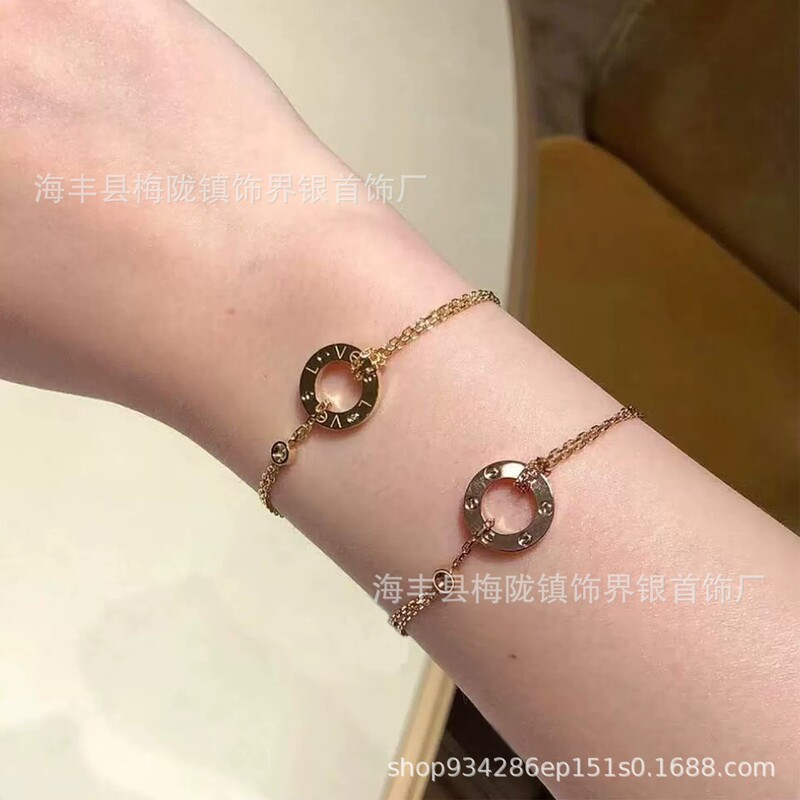 Kaga Double-Chain Small Round Disc Bracelet for Women, Plated with 18K Rose Gold, Inlaid with Diamonds, Light Luxury Niche Design Bracelet Jewelry for Women Ins
