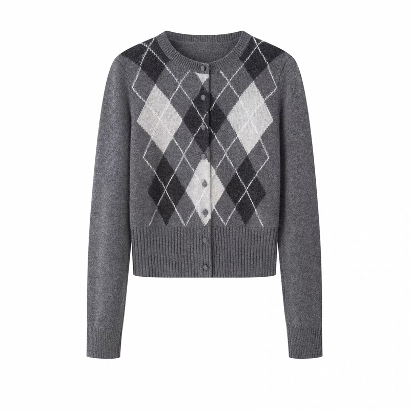 In stock 2026 autumn new simple diamond pattern round neck long sleeve knitted cardigan top BR804121 In stock 2026 autumn new simple diamond pattern round neck long sleeve knitted cardigan top BR804121