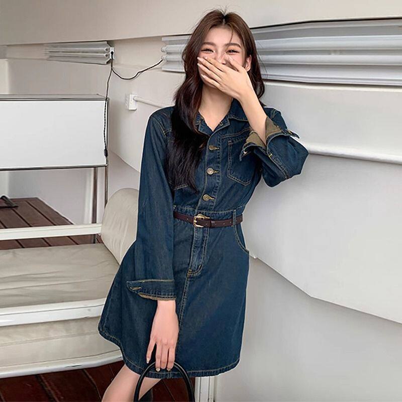 Đầm denim nữ dáng chữ A cổ polo tay dài chiết eo phong cách retro — Váy ngắn denim xanh chi tiết 1
