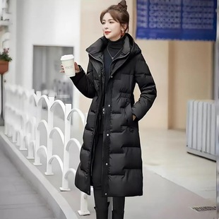 Thickened Cotton-Padded Jacket with a Cinched Waist, New Winter Fashion Long Over-The-Knee Slim-Fit Coat for Women, Black