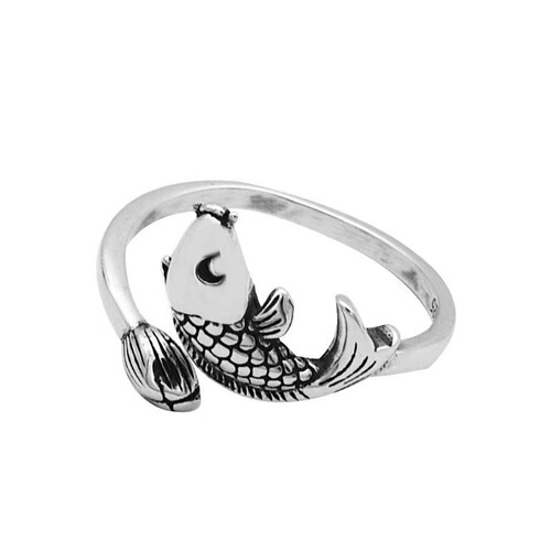 Vintage plain silver copper coin with a surplus every year, koi fish lotus ring, Thai silver koi heart meridian open ring
