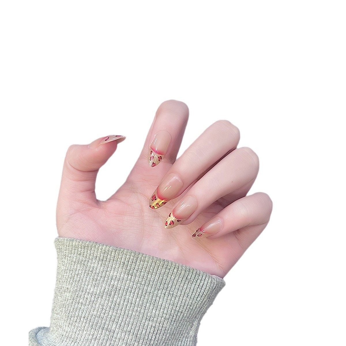 Uña hecha a mano de otoño y invierno gradiente estampado leopardo francés manicure tridimensional simple estilo de personalidad universal y medio mano de usar uñas