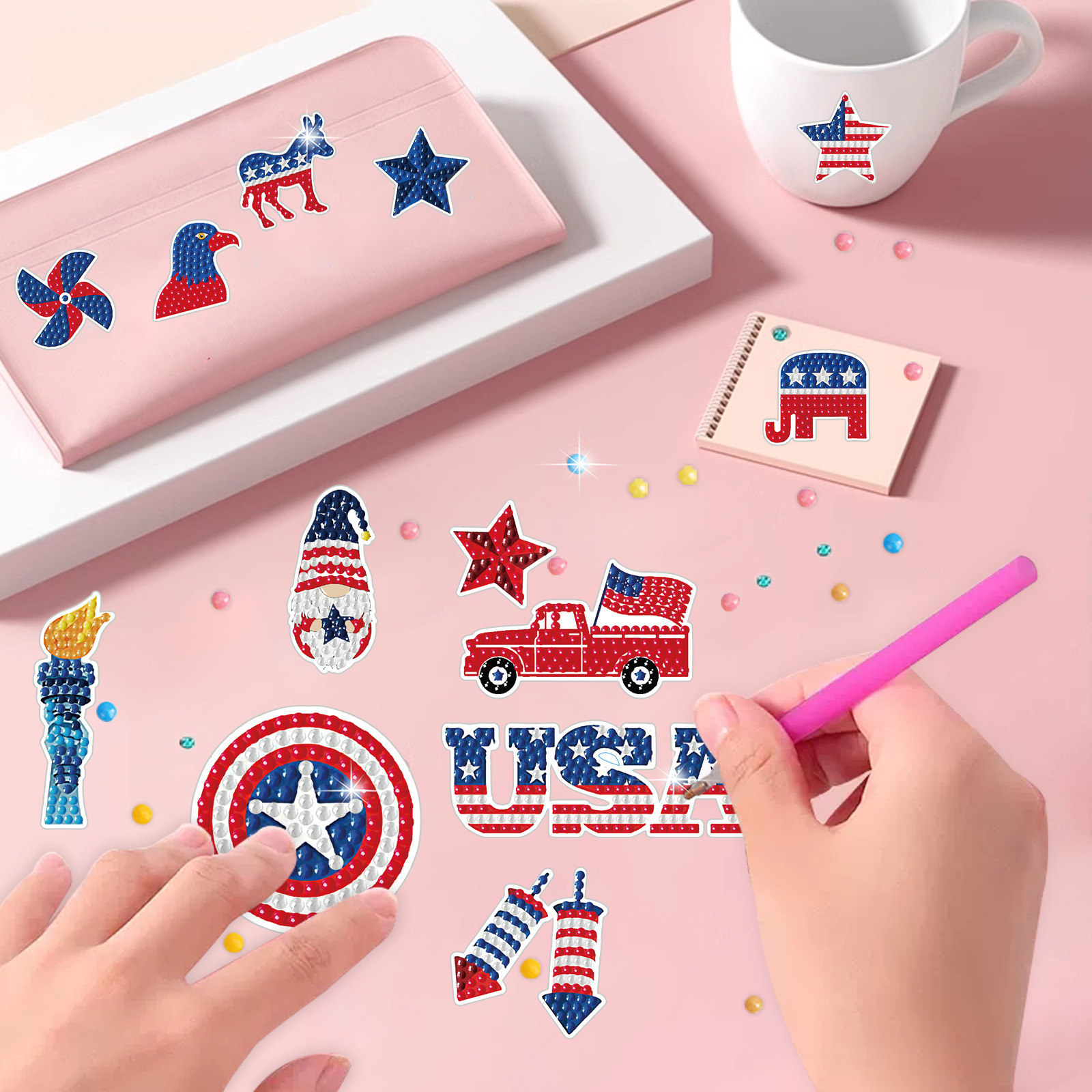 Dibujos animados más vendidos Día de la independencia Pintura de diamantes Pegatinas al azar Pintura de mampostería de bricolaje Pegatinas de pared Pegatinas hechas a mano para niños Pegatinas de diamantes redondos