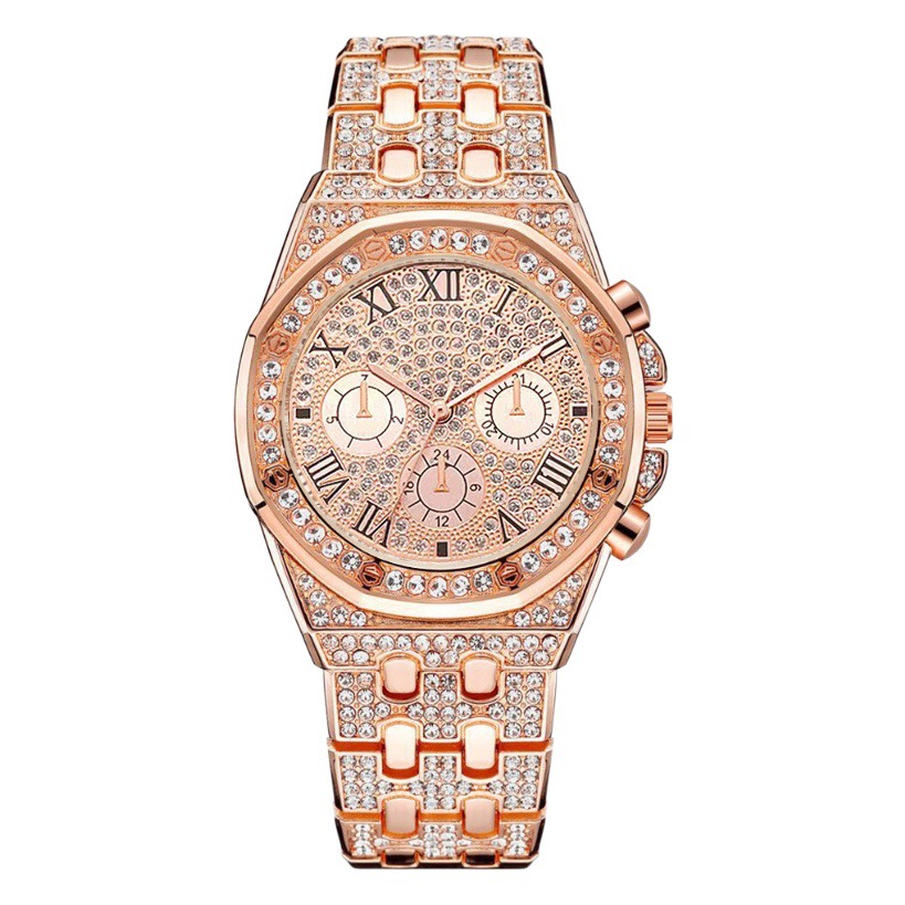 Nueva moda estrellado banda de acero diamante hombres reloj completo diamante superficie tres ojos romano reloj de cuarzo digital