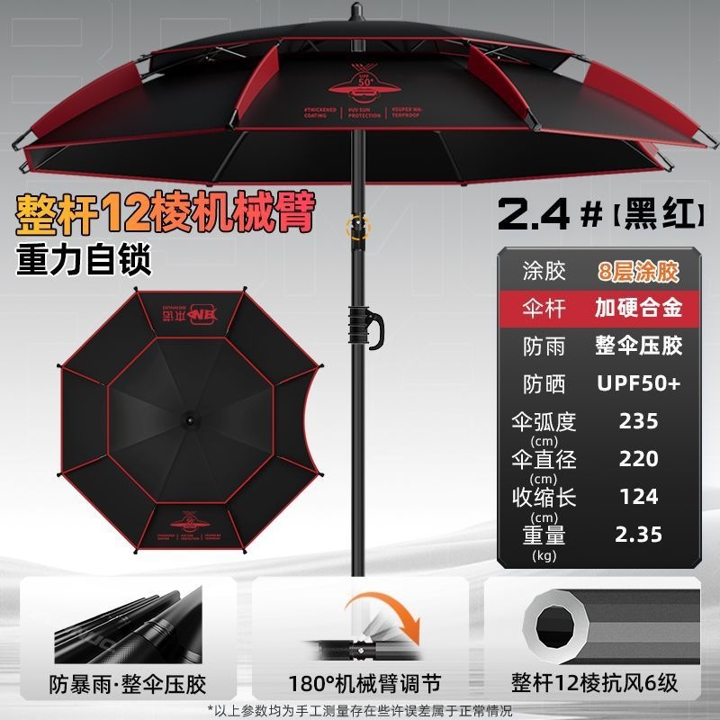 Fishing umbrella with 12 ribs and mechanical arm, large fishing umbrella, outdoor sun umbrella, windproof, sun-proof, rain-proof fishing umbrella