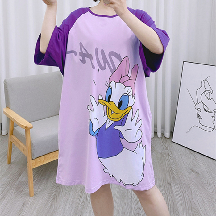 Camisón de las mujeres del verano Delgado manga corta nueva línea rojo estilo pijamas dibujos animados lindo señoras vestido flojo desgaste hogar