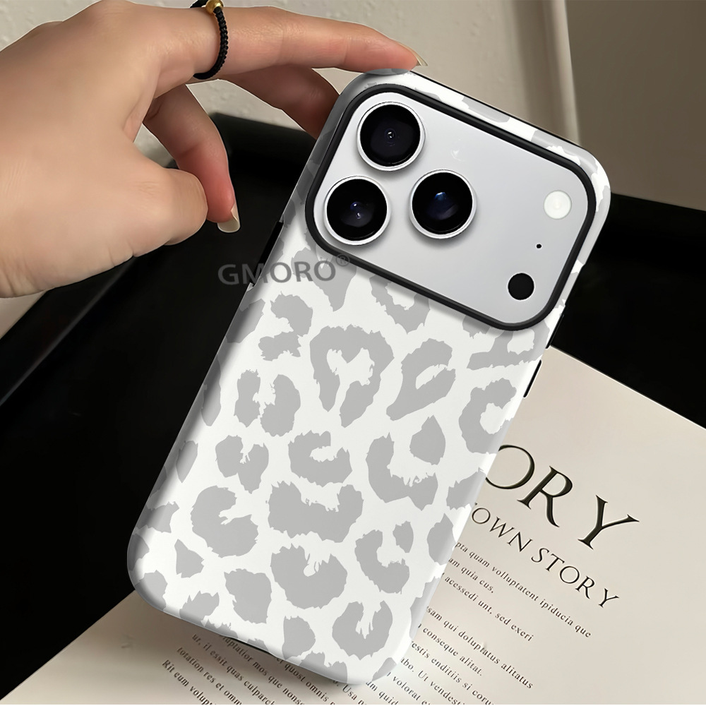 白色豹纹iPhone15promax双层菲林壳高级苹果16pro手机保护套17硬