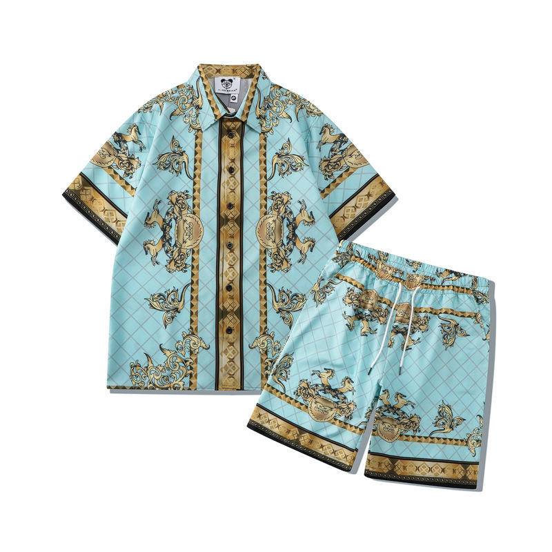 Beach Casual Summer Shirt suit European and American Retro Palace Digital Printed Loose Shorts suit Short Sleeve Men