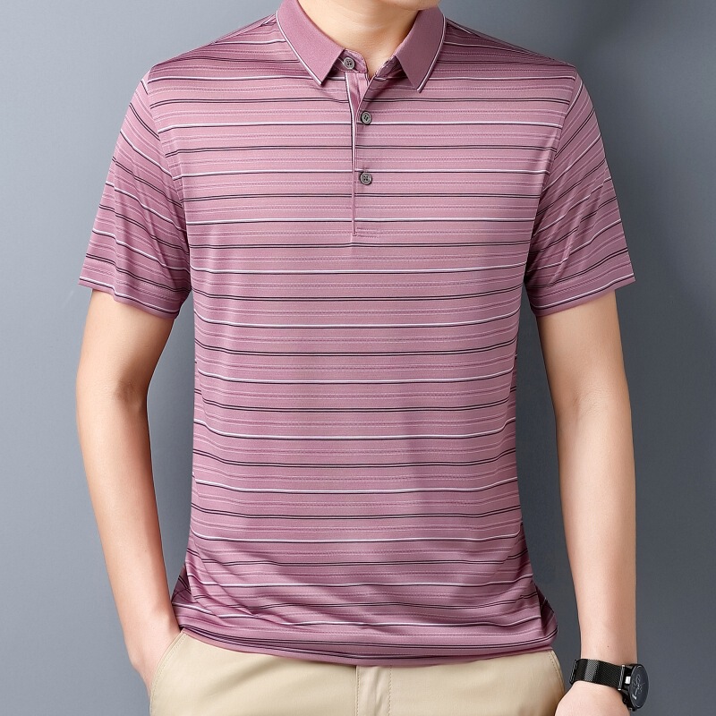 Design Sense Thin T-shirt Mulberry Silk Men's Summer Short-sleeved T-business Casual Striped Silk Lapel Polo Shirt