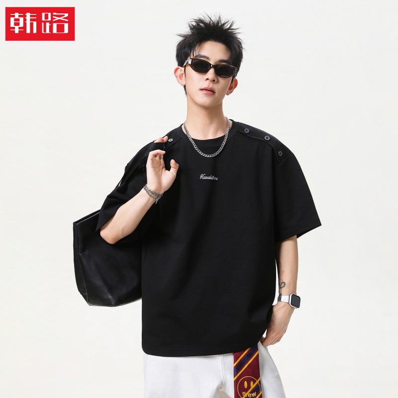 American Retro Loose-Fit Short-Sleeve T-Shirt for Men, Summer Style with Shoulder Button Closure and Letter Embroidery Half-Sleeve Tee