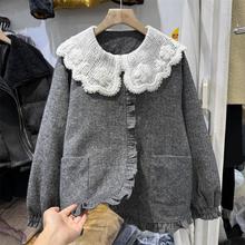 蕾丝娃娃领灰色毛呢羽绒棉服女2024冬季新款甜美加厚加棉保暖外套