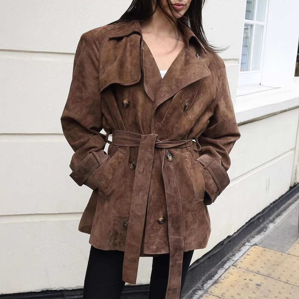 Real shot-suede short belt jacket coat Europe and the United States cross-border waist suede jacket coat fashion women's clothing