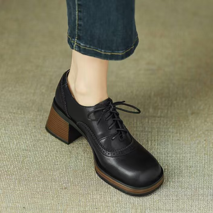 583 Chengdu Handmade Genuine Leather Women's Shoes, Off-Size Special Price Lace-Up High-Heeled Loafers, Lace-Up Small Leather Shoes, Cowhide