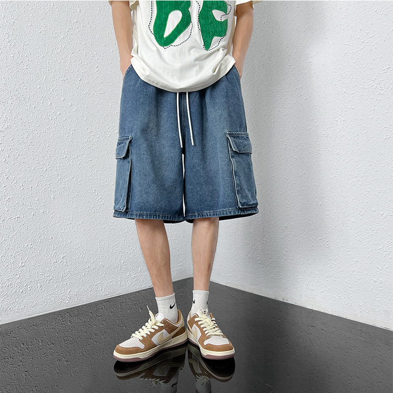 Hong Kong Style BF Denim Shorts Men's Summer Trendy Brand Straight Casual Workwear Mid-length Pants Multi-pocket Wide-leg Half-length Pants for Hair