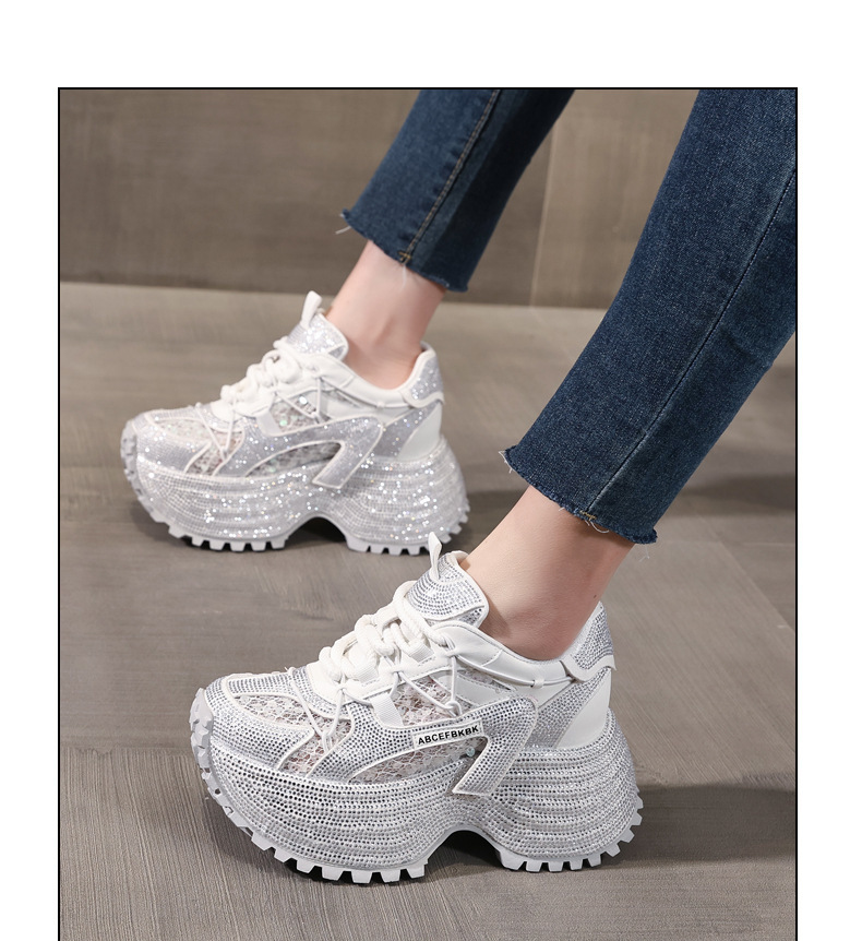 Giày sneaker nữ đế dày tăng chiều cao đính đá lưới thoáng mát — màu đen chi tiết 12