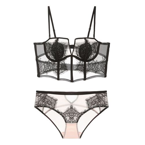 Fishbone Corset Long-Style French Bra Tube Top Underwear Sexy Lace Bra Vest with Rabbit Ears, Sheer Mesh Design—European & American Style