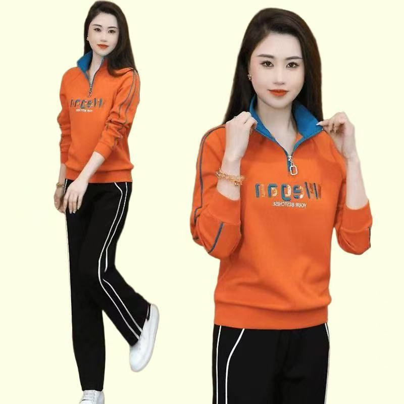 Casual Sportswear Suit for Women in Spring and Autumn New Style Fashionable and Age-Reducing Long-Sleeved Stand-Up Collar Sweatshirt Two-Piece Set
