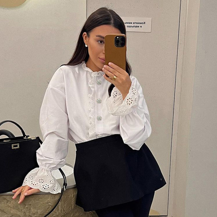 Camisa de estilo corte francés con cuello alto y bordes de loto con diamantes, moda versátil, venta al por mayor