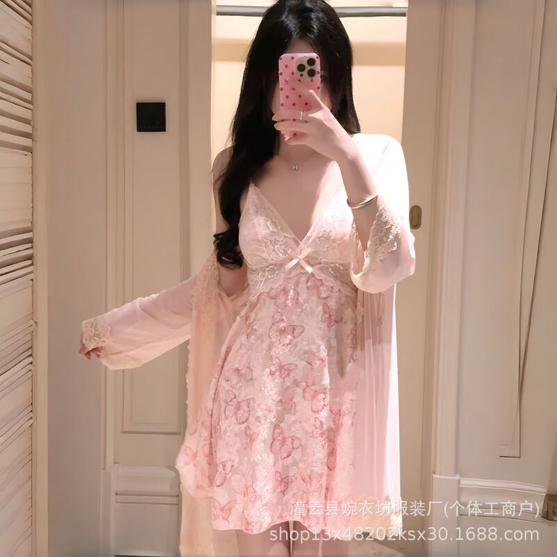 French-style, luxurious, and sexy sheer, hollow-out, butterfly-print, cross-back, halter-neck nightgown set for loungewear French-style, luxurious, and sexy sheer, hollow-out, butterfly-print, cross-back, halter-neck nightgown set for loungewear