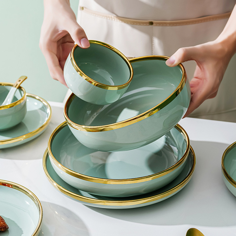 Tazón y plato traje hogar Nordic Internet celebridad borde dorado tazón de sopa de cerámica tazón de arroz plato de sopa profundo creativo vajilla de combinación personalizada