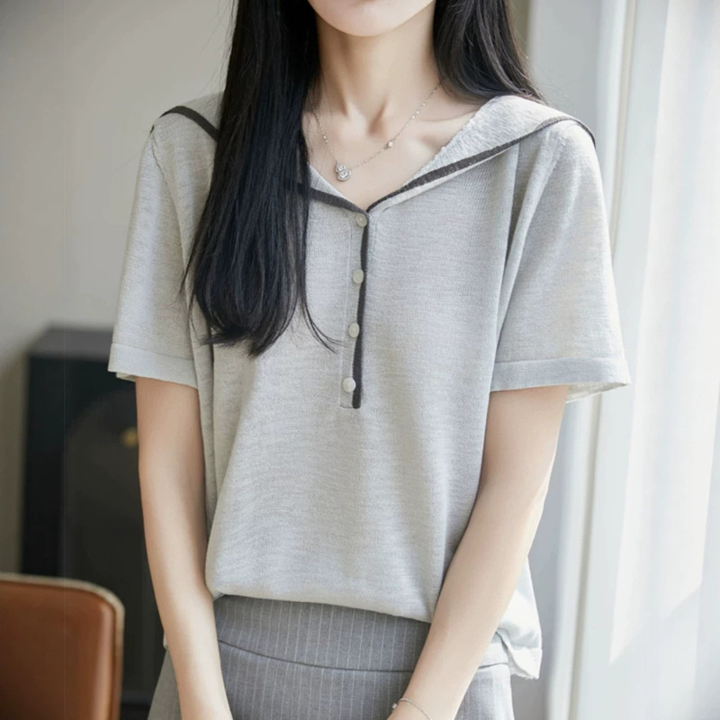 Bamboo Knit Short-Sleeve T-Shirt for Women, Summer Relaxed Style, Thin Navy Collar V-Neck Top