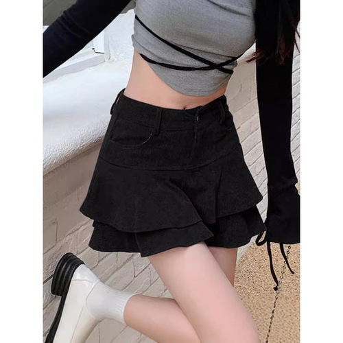 Fish Tail Skirt Semi-Annual Women's Autumn/Winter High-Waist Petite Double Layer A-Line Fluffy Corduroy Short Skirt
