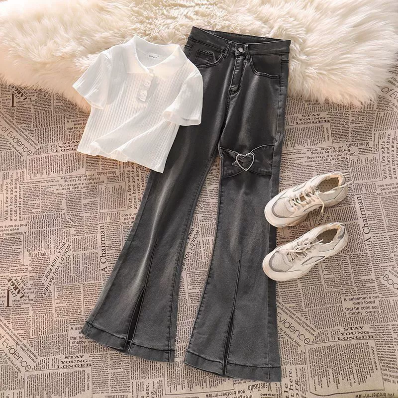 Short set, knitted denim flared trousers, polo collar