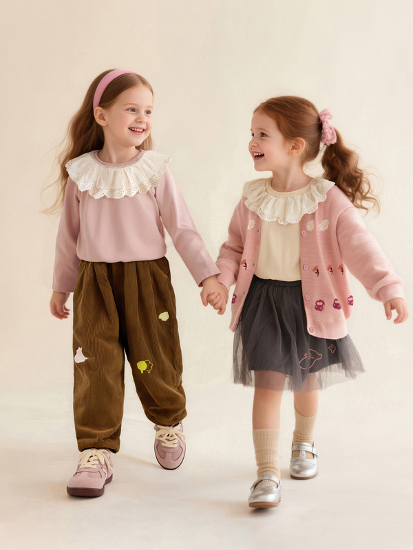 女の子用Tシャツ、子供服、2025年秋の新作、可愛いドールカラー、甘いレースの縁取り、万能トップス|undefined
