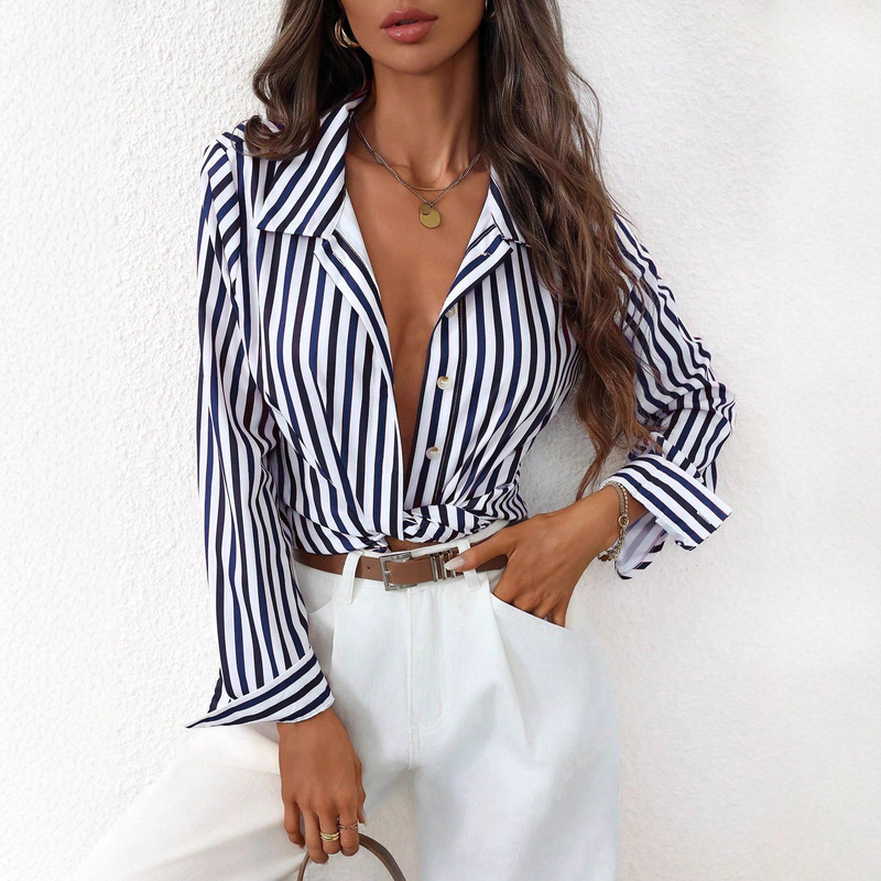 2025 New Women's Long-Sleeved Striped Shirt, Elegant and Age-Reducing, Suitable for All-Season Casual Commuting Wear