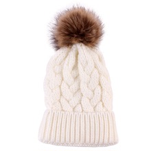 歐美冬季新款毛線帽 純色腈綸大麻花毛球女士保暖針織帽