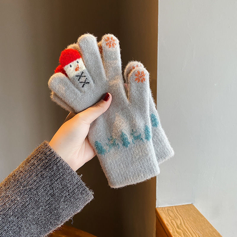 女性用ウール手袋、冬のかわいい雪だるまニット、タッチスクリーン、厚くて暖かい、サイクリング、5本指、冬用防寒綿|undefined