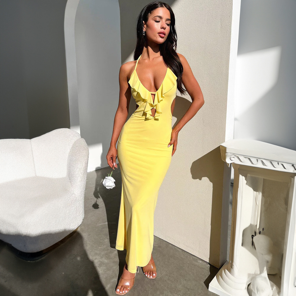 315g Weight Maxi Long Dress Dress Length Type Sleeveless Sleeve Length Strap Dress Dresses Type Spandex, Polyester Fabric Type High Waist Waist Line Holiday, Daily Occasion Halter Neck Neckline Slim Fit Type Solid Color Pattern Summer Season Women's Gender Streetwear Style Wholesale Women's Streetwear Solid Color Holiday Daily Halter Neck Sleeveless Strap Dress 24
