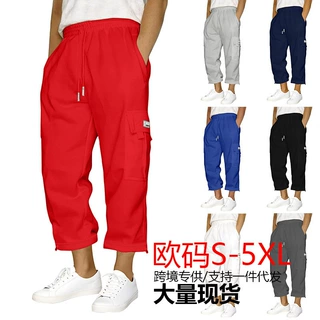 新款亚马逊跨境男式运动休闲长裤直筒多口袋系绳带宽松欧美九分裤