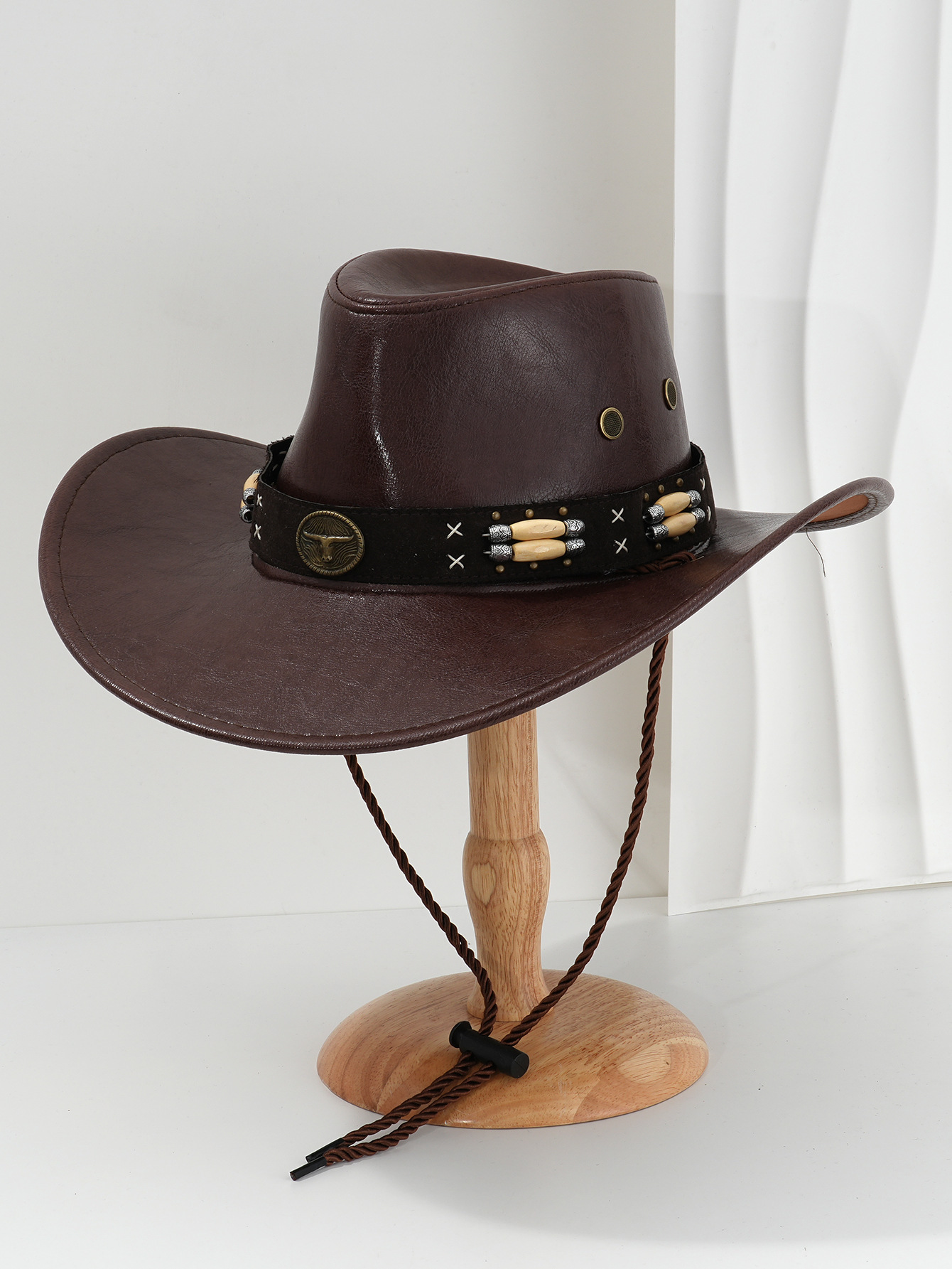 Retro Western Cowboy Hat For Men Pu Leather With Metal Beading_voghion.com