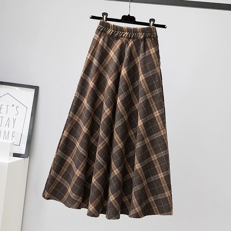 Tide, fitted plaid retro long long skirt, plus size, A-line, high waist