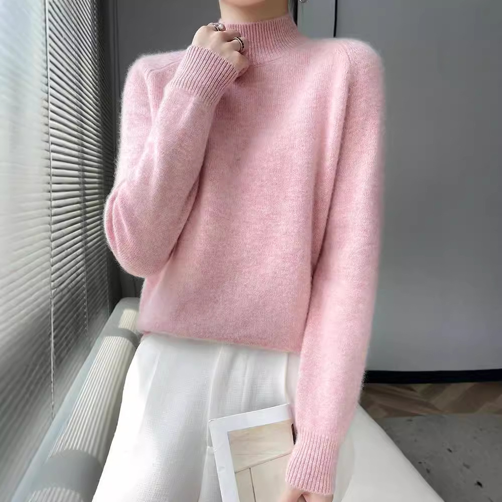 【 Cashmere Family 】 Half high neck short woolen base women's soft and loose, thick knit sweater, inner layer_voghion.com