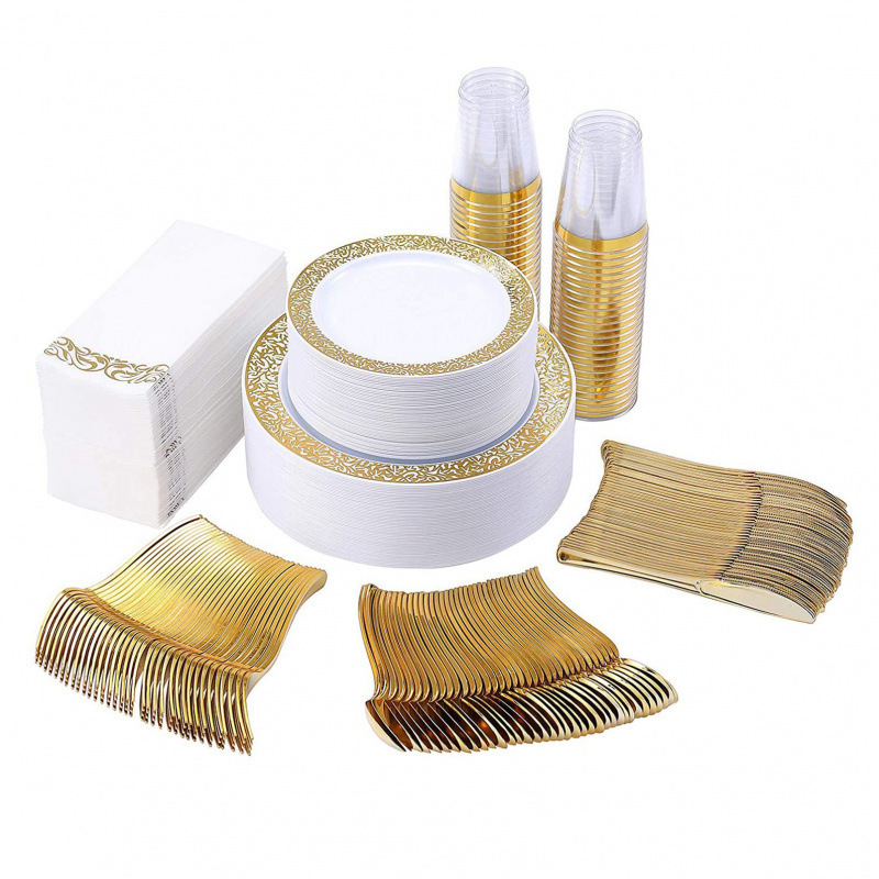 350 pieces rose gold hollow side plate suit plastic cup knife fork spoon disposable tableware in stock cross-border temu