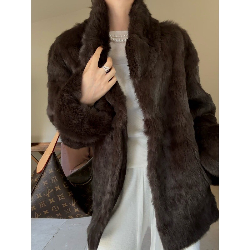 Vintage Mid-Length Real Rabbit Fur Coat, Luxurious Loose-Fitting Fur Coat, Lazy Style