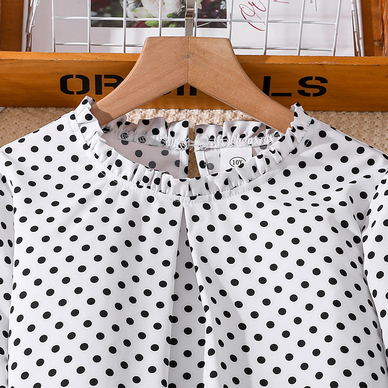 Mädchen Herbst Neue Mittlere bis Große Kinderkleidung 7-12 Western Wave Dot Langarm Top Zweiteiliges Set_voghion.com